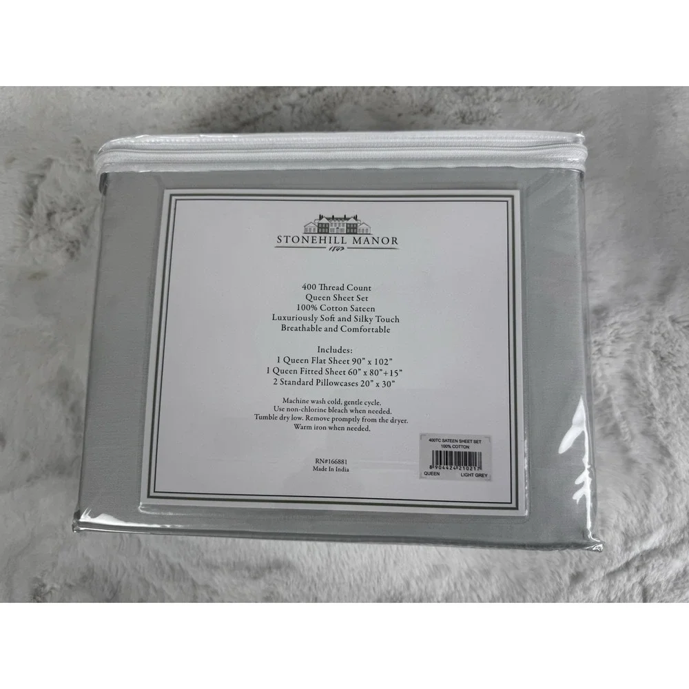Stonehill Manor Light Grey Sateen Sheet Set Queen 400 Thread Count Cotton Luxury